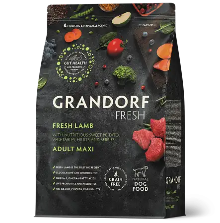 Купить grandorf fresh сухой беззерновой корм для взрослых собак крупных пород с живыми пробиотиками, ягненок с бататом