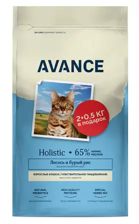 Купить avance holistic сухой корм для взрослых кошек с чувствительным пищеварением с лососем и бурым рисом